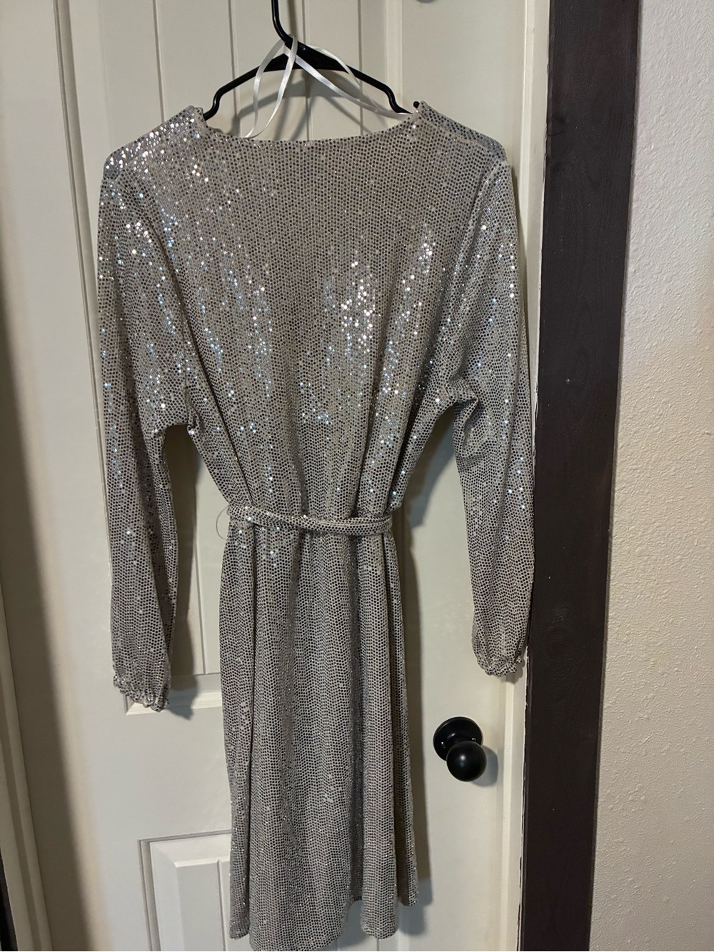 Women's Silver Sequin Wrap Dress with Waist Tie - Long Sleeve - Picture 2 of 3